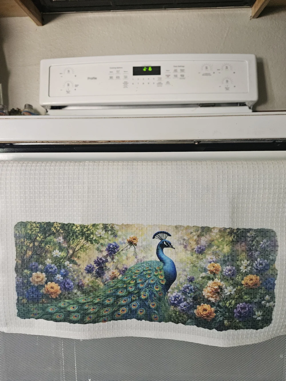 Hand Crafted Peacock Kitchen Linen Set in Green, Blue and Yellow